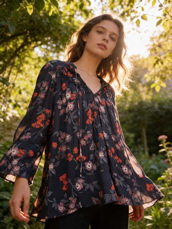 Free People Tops - Free People Flower Power Floral Lattice Tunic Top Size Large